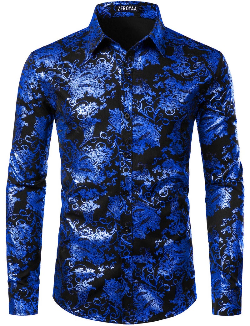 ZEROYAA Men's Luxury Paisley Dress Shirt Shiny Floral Printed Button Down Shirts for Party Prom ZLCL18 Black Royal Small - Image 1